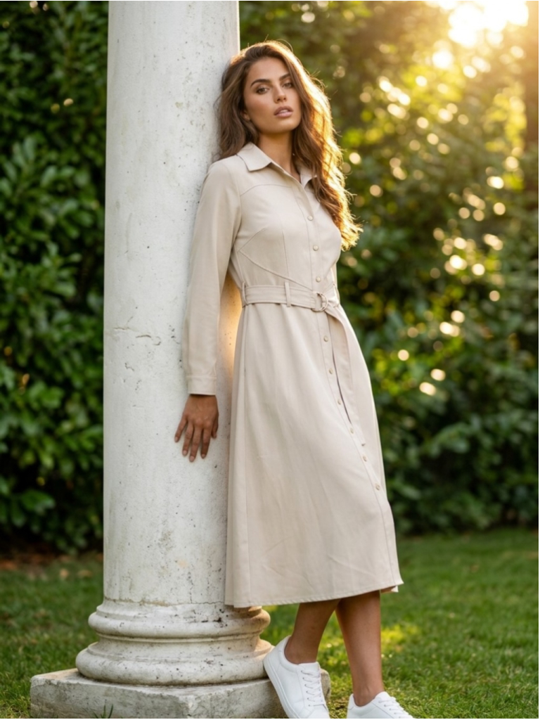 Nanette Lepore Beige Button-Front Midi Shirt Dress, Large Size